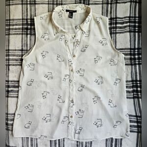 Forever 21 White Sleeveless Cat Print Blouse